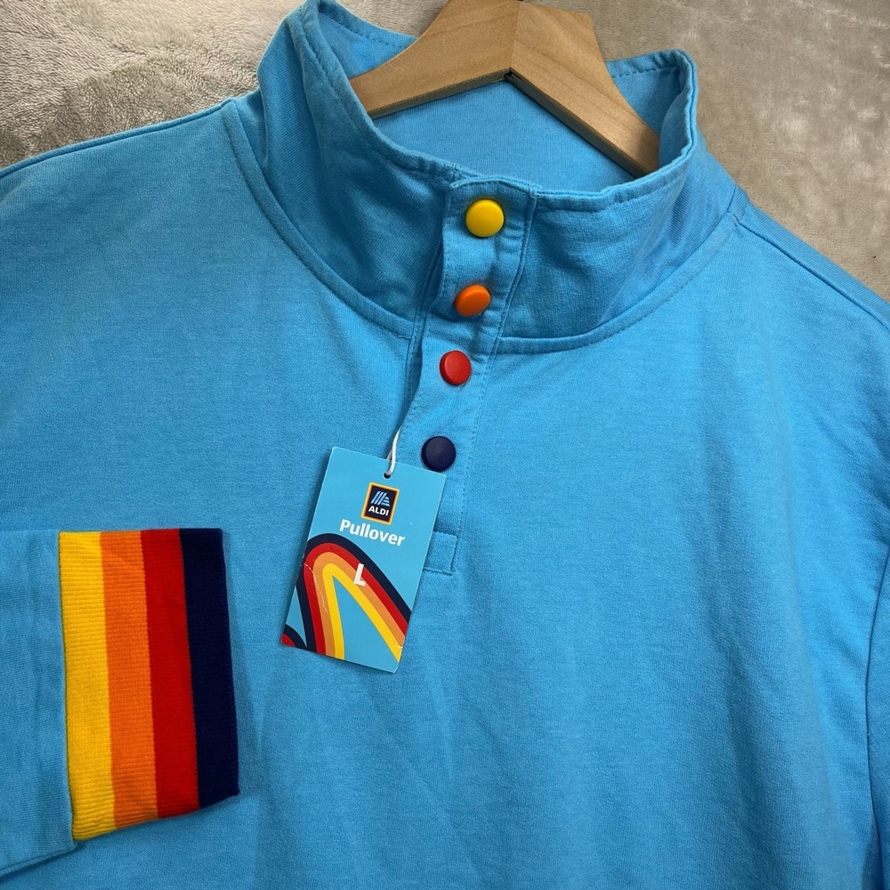 Aldi Pullover Sweater Mens L Blue Rainbow Stripe Mock Neck Buttons NEW